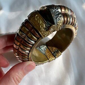 Vintage Tricolor Brass Copper Silver Tone Chunky Etruscan Hinge Bangle Bracelet